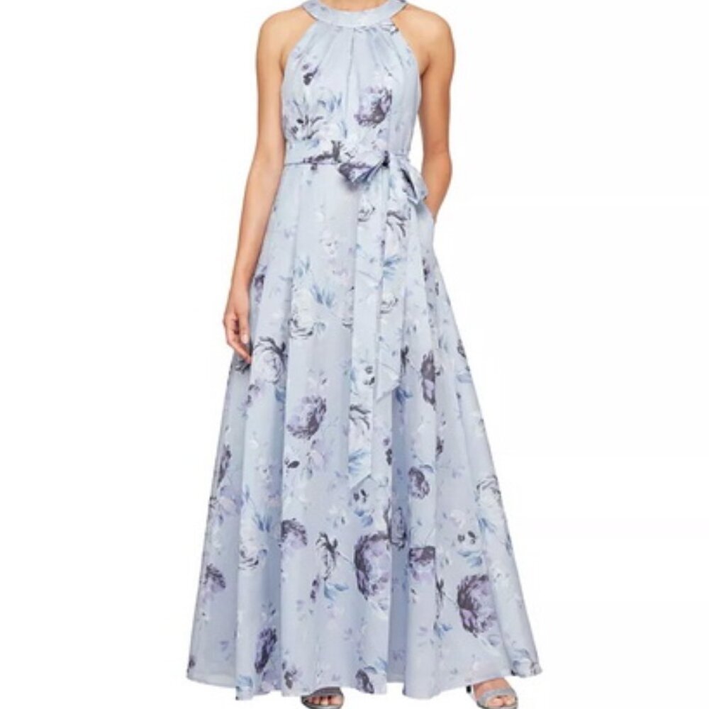 Alex Evenings Purple Blue Floral Shimmer Organza Gown *Less Sash*